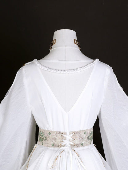 Greek-inspired White Lolita Gold Chiffon Corset Dress + Belt with Accents Embroidered