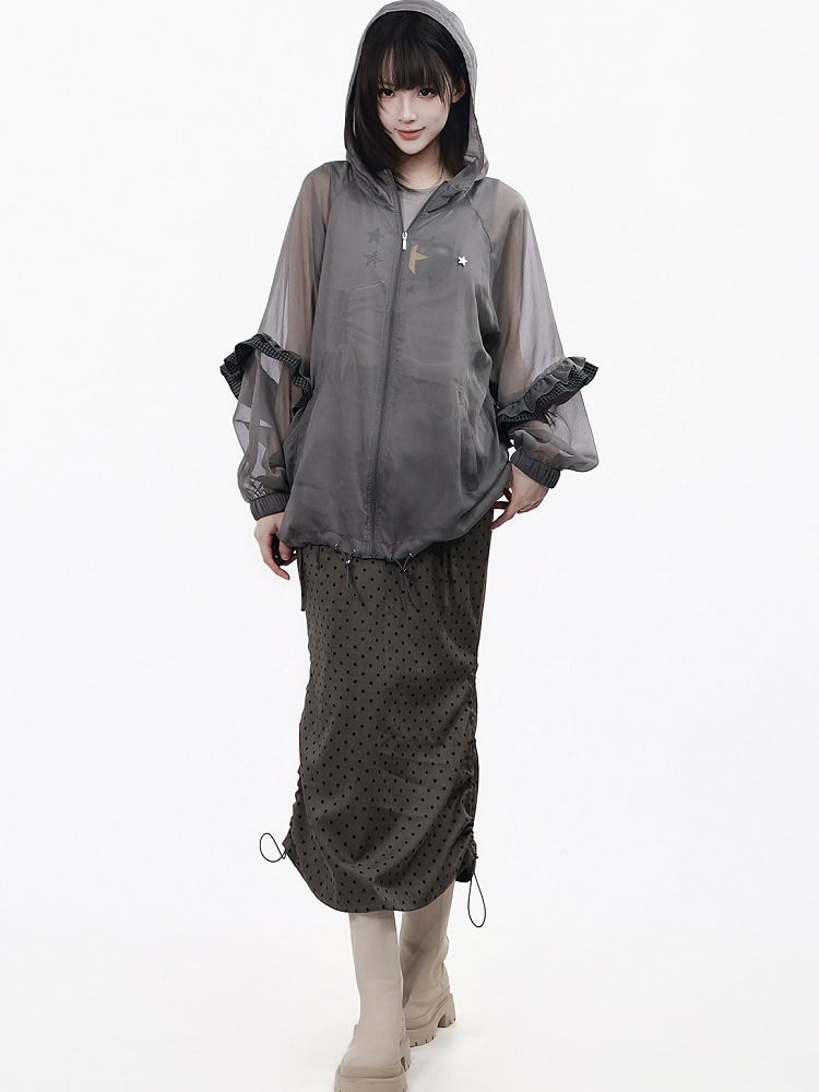 Gray Chiffon Hooded Jacket with Plaid Ruffle Hem - PINK SAVIOR