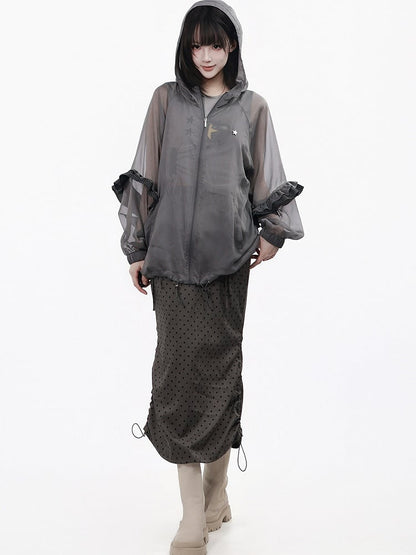 Dark Gray Polka Dot Long Skirt with Ruffle Details - PINK SAVIOR