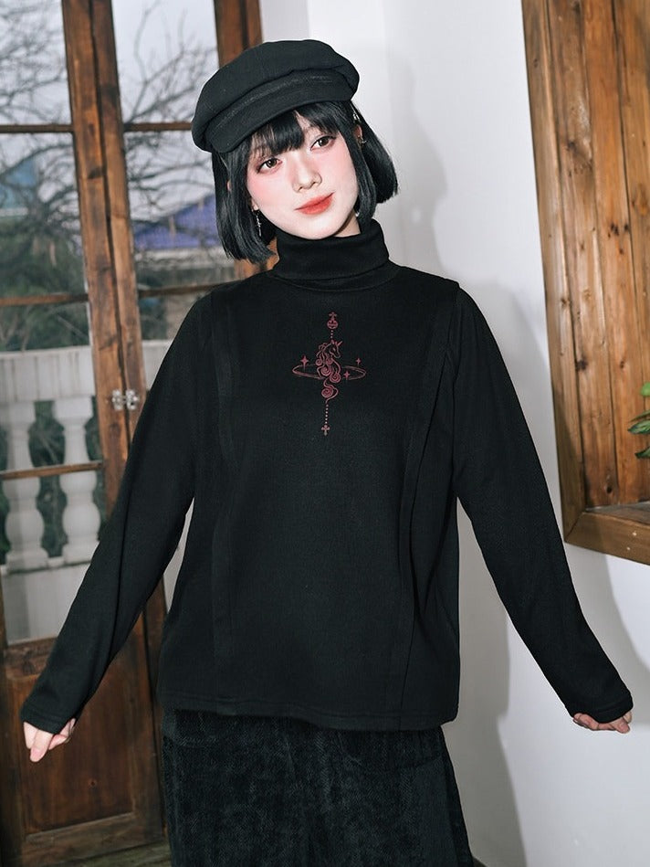 Unicorn Print Black Turtleneck Long Sleeve Top for Spring Autumn - Quirky Hut