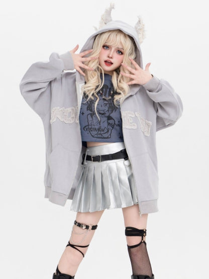 Light Hoodie Puppy Letter Fleece And Ears Grey Print Applique With