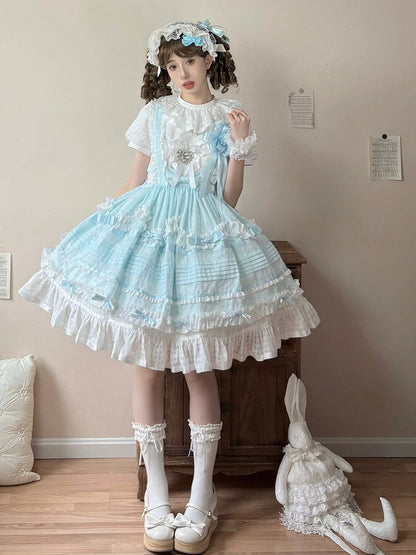 Azure Checkered Frilly Bow Lolita Jumperdress