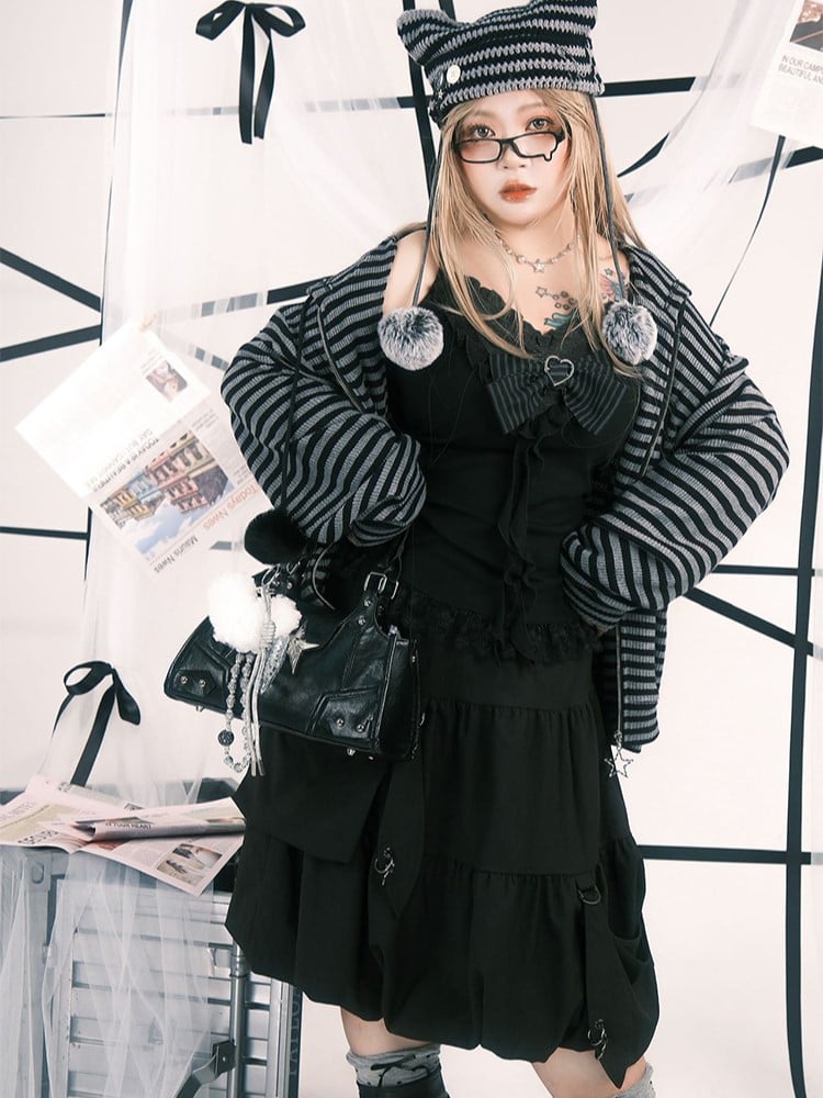 Skirt Hooked Black Plus Elastic Bubble with Knee-Length Waist Size Pockets