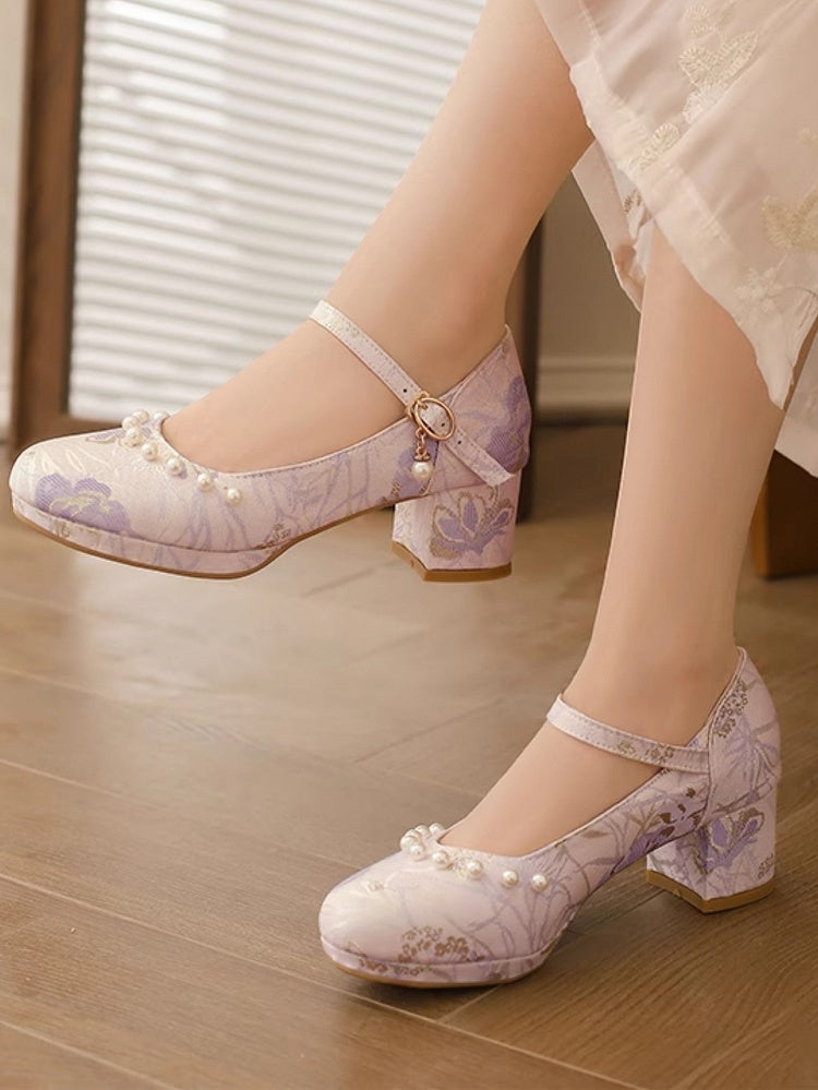 Lila Verzierungen Lolita Mid-heels Floral Qi Perlen mit