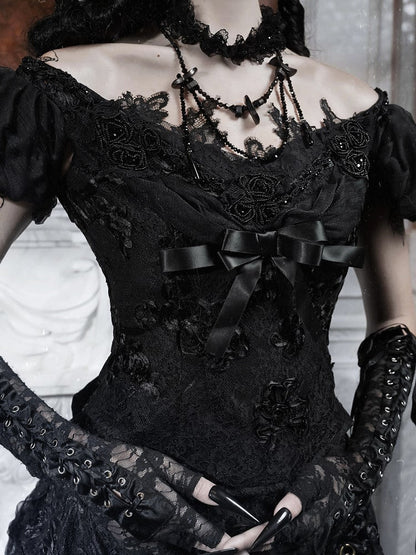 Sleeves Top Puff Edwardian Off-the-shoulder Vintage Neckline and Black