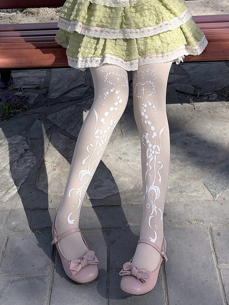Strumpfhose Gothic Maiglöckchen und Kreuzdruck Shiro Lolita