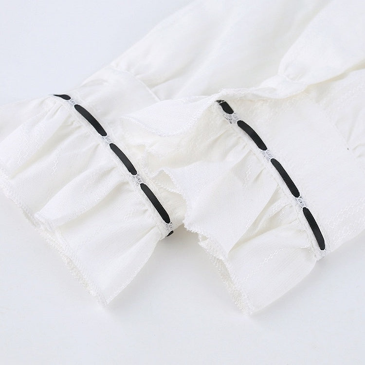 Preppy White Ruffled Peter Pan Collar Long Sleeve Shirt with Bow Tie - serendipity