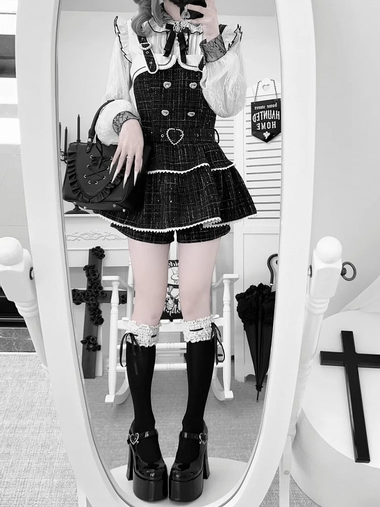 Tweed Jirai Dress Beaded Set: Heart Clasps Strap Overall Black Kei