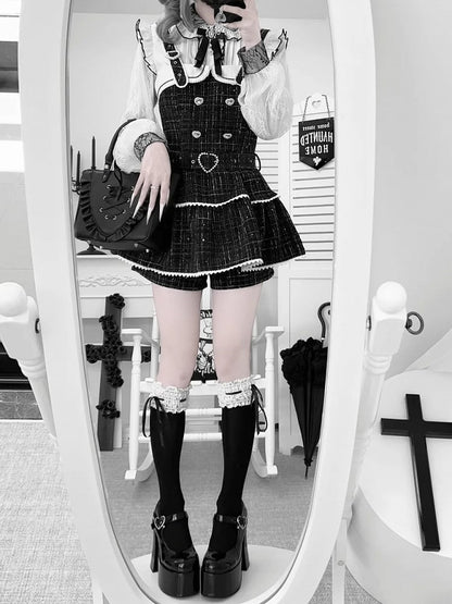 Tweed Jirai Dress Beaded Set: Heart Clasps Strap Overall Black Kei