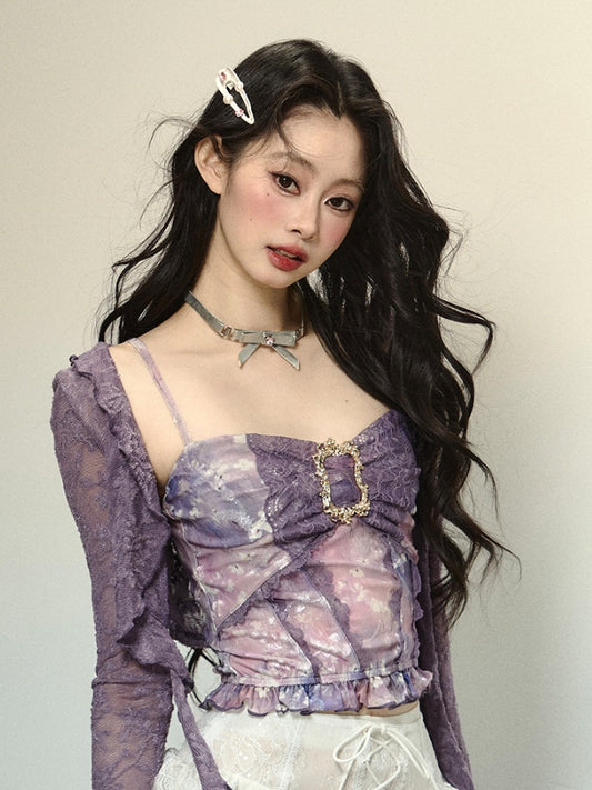 Lavendelfarbenes, ölgemaldes Spitzen-Schleifen-Rüschenbesatz-Camisole