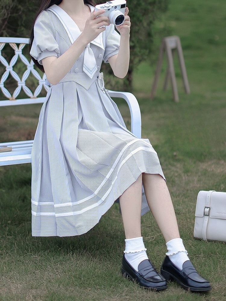 Weiß Gestreiften und Kleid Sommer Ärmeln Taille Puff Blau Gürtel mit