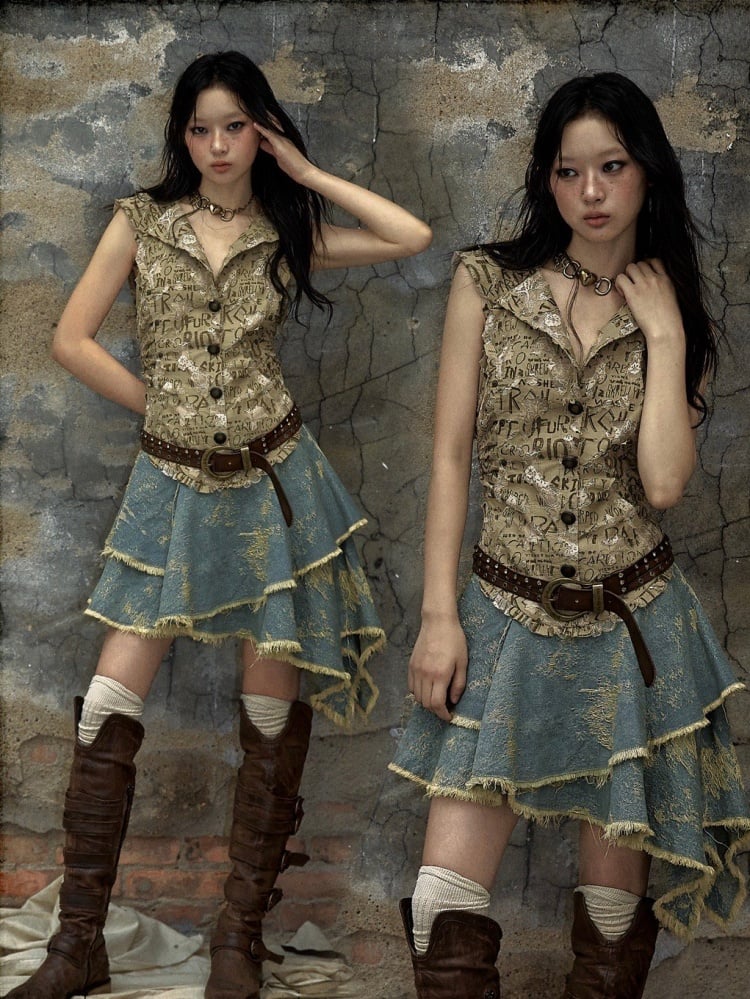 Buchstaben Khaki Top Denim Taschentuch Rock Punk Kapuzenkleid