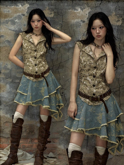 Buchstaben Khaki Top Denim Taschentuch Rock Punk Kapuzenkleid