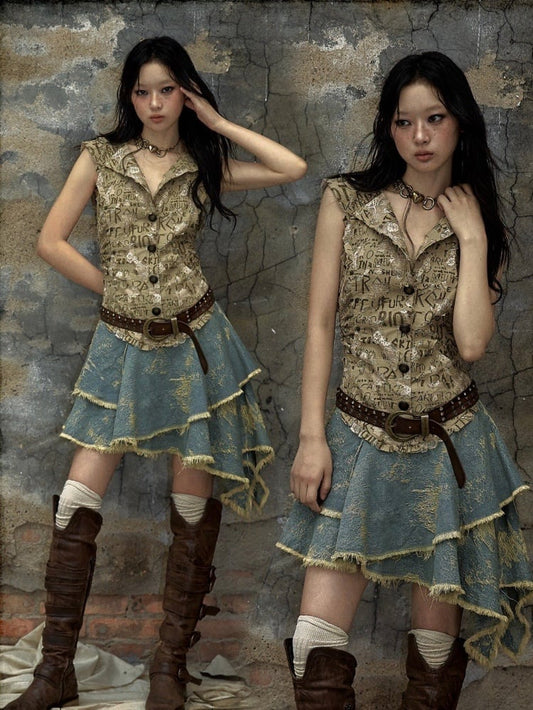 レタードカーキトップデニムハンカチスカートパンクフード付きドレス