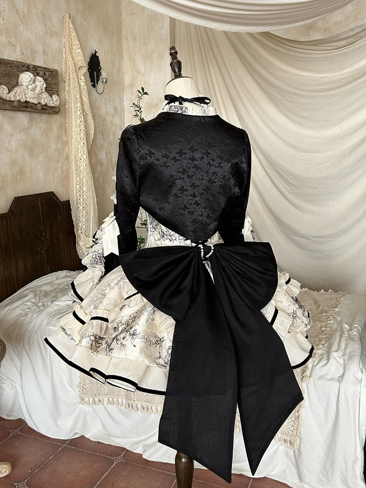 Black Elegant Jacquard Cardigan with White Ruffled Edge - Magic Skirt Cat