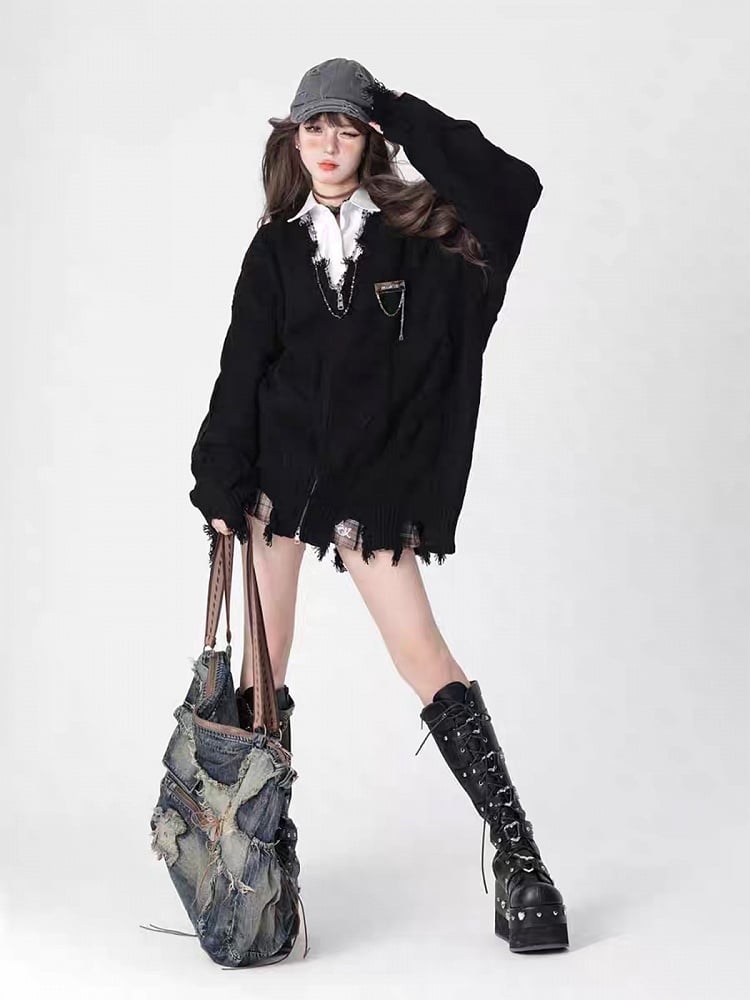 Cardigan Edgy Black Academiacore Zip-Up Knit