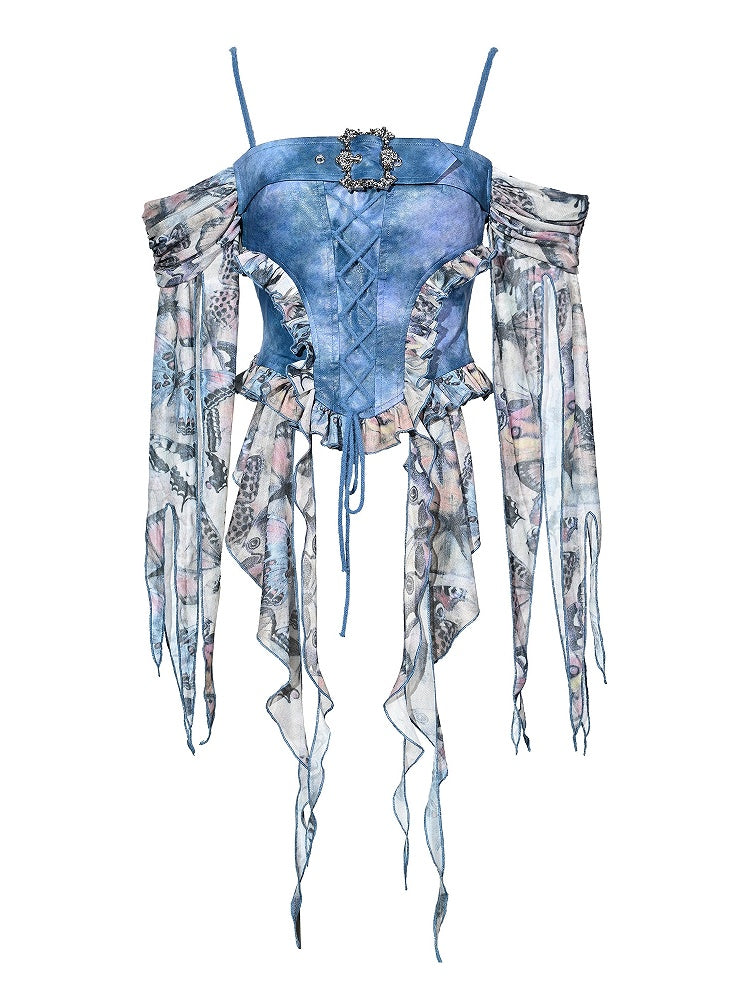 Grunge Punk Rock Fairycore Blaue Schmetterlinge Mesh Patchwork Top Volant Saum