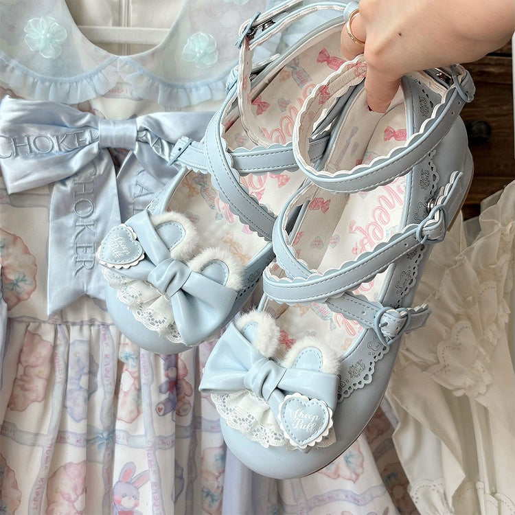 Plush Mary Bow Bear Hem Ear Blue PU Janes Decorative Low-heel Lolita in Scalloped Sweet