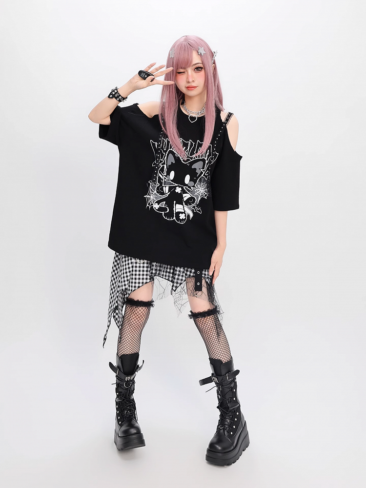 猫プリント ルーズTシャツ Y2K ブラック カットアウトショルダー ビタースイート