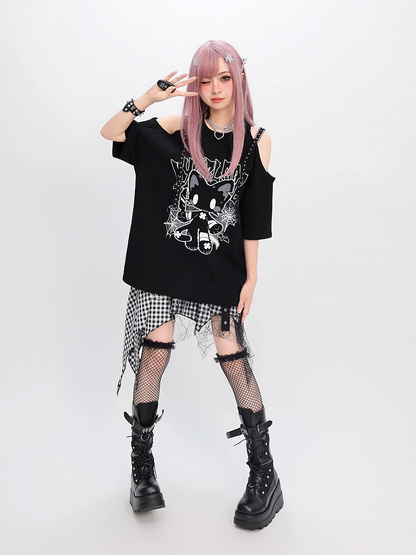 猫プリント ルーズTシャツ Y2K ブラック カットアウトショルダー ビタースイート