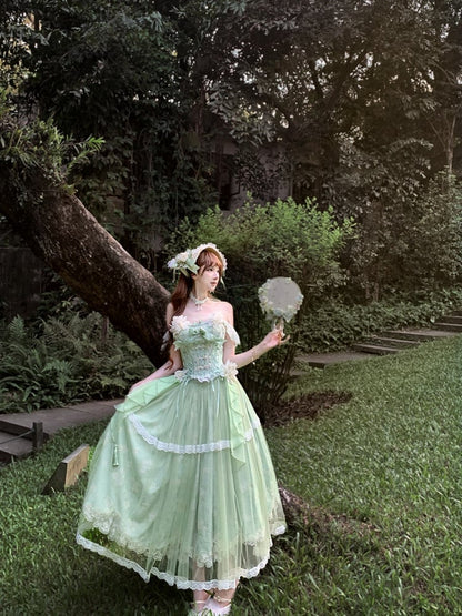Version Long Floral + Lolita Green Top Frog Skirt with Jasmine-Embellished Buttons Corset Print