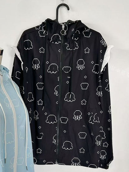 Print Ruffles Trim Hooded Jellyfish Jirai Protection Sun Jacket Kei Black