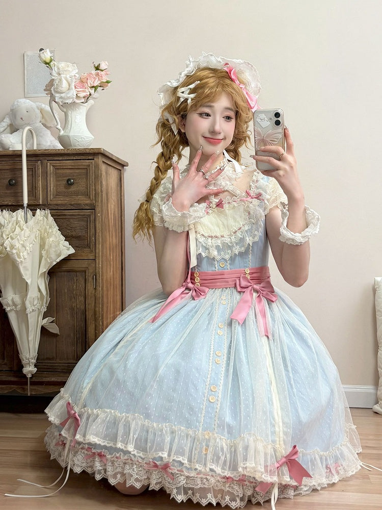 Short Elegant Lace Dress and Blue with Details Classic Lolita Version Bow