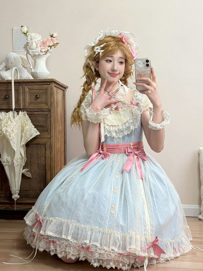 Short Elegant Lace Dress and Blue with Details Classic Lolita Version Bow