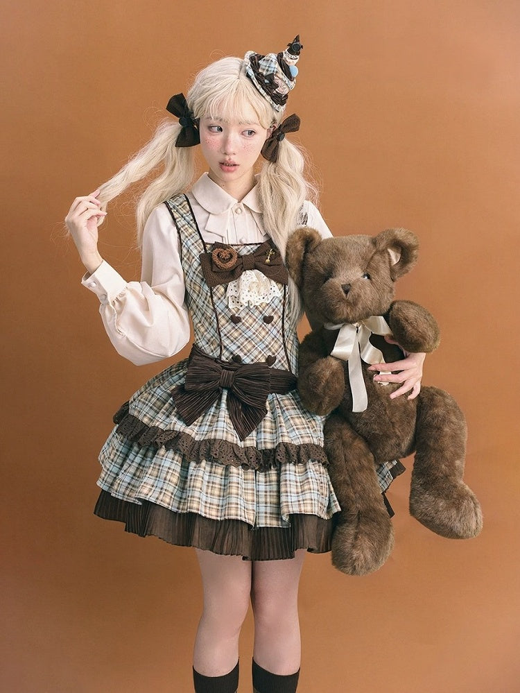 Chocolate & Mint Green Bow Plaid JSK with Heart Brooch - Tan Tuan