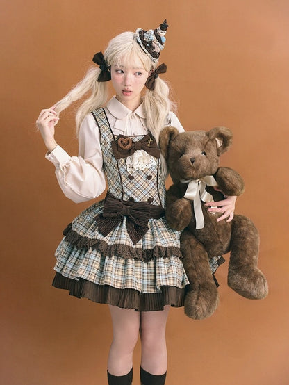 Chocolate & Mint Green Bow Plaid JSK with Heart Brooch - Tan Tuan