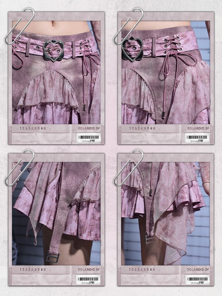 Hem Mini Pink Skirt Denim Belt Asymmetric Sequined Heart with Y2K Buckle Punk