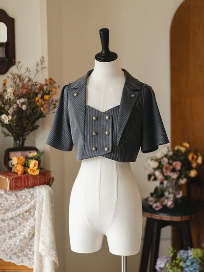ダークダスティブルーのブレザーカラーのレトロファッションクロップドトップ