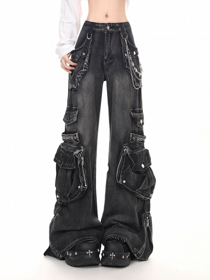 Zip Cuffs and Faded Low Waist Jeans Black/Blue with Punk Flare Cargo Wash