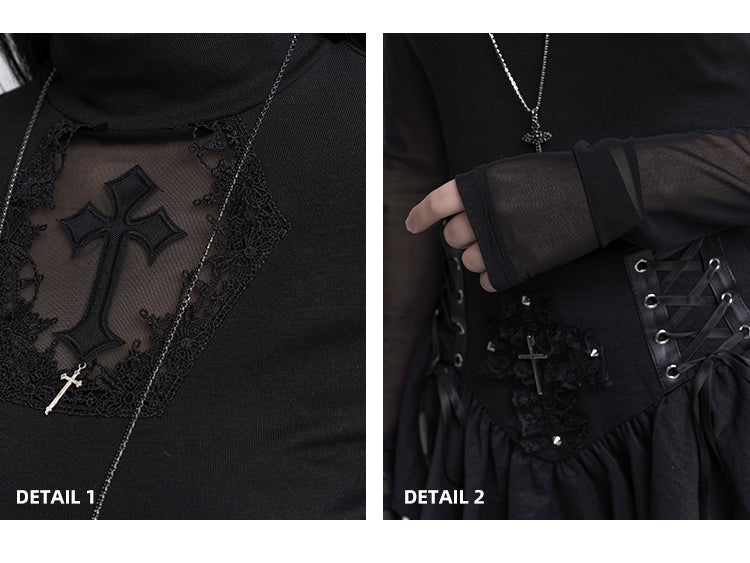 Sleeves Black Mock Neck Coffin-shaped Cutout Cross Applique Mesh