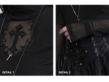 Sleeves Black Mock Neck Coffin-shaped Cutout Cross Applique Mesh