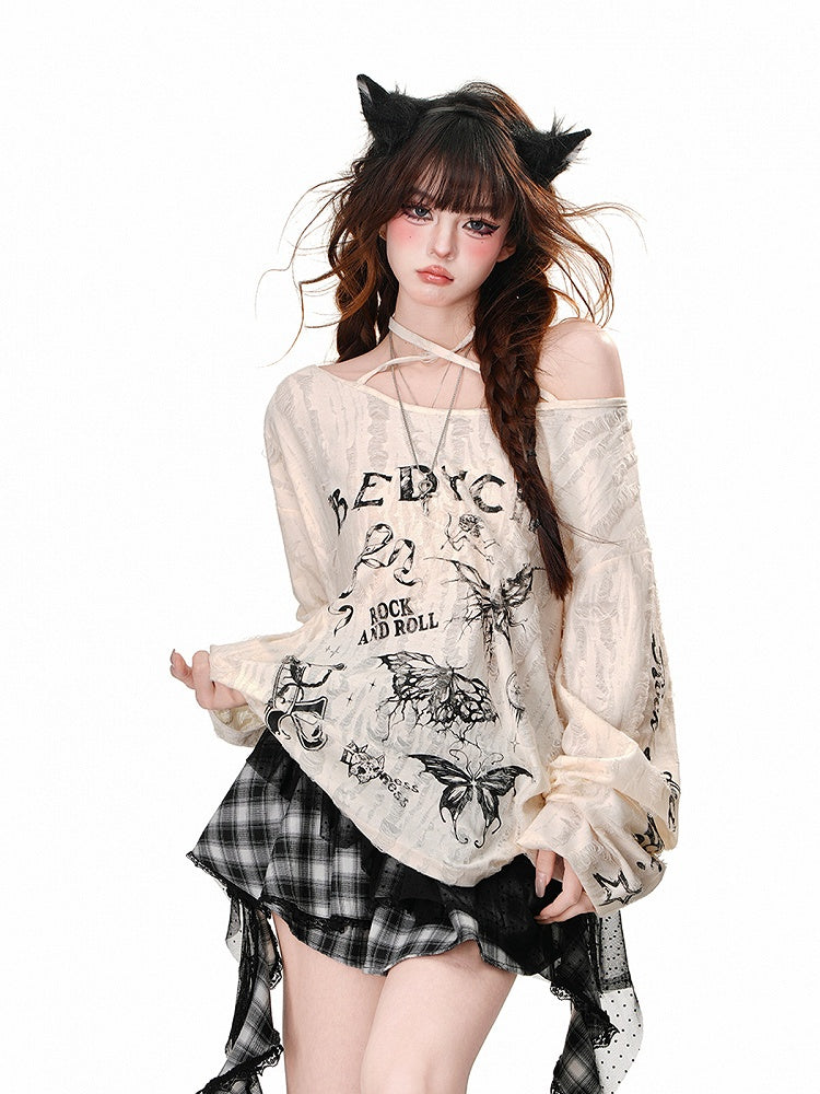 Asymmetrischer Ausschnitt, Schmetterlingsdruck, Distressed-Löcher, Aprikose/Grau, Neckholder-Top