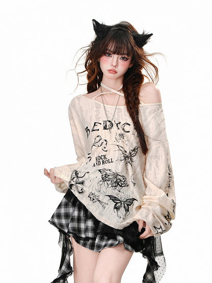 Asymmetrischer Ausschnitt, Schmetterlingsdruck, Distressed-Löcher, Aprikose/Grau, Neckholder-Top