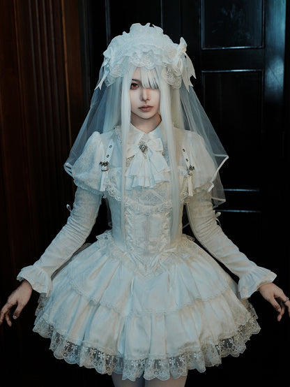 Cross-Stitched Gothic White Corset with Bat Buckle Straps - With PUJI