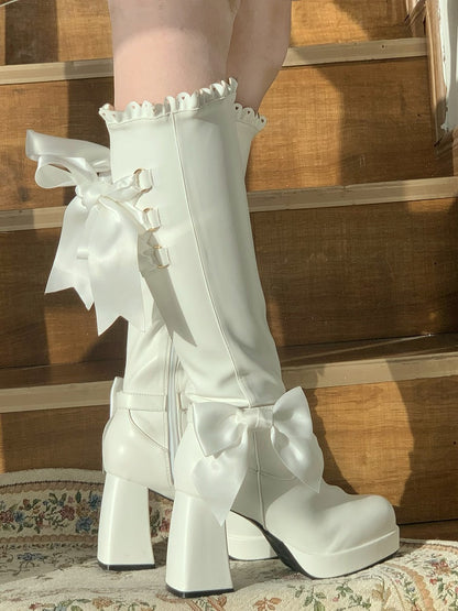 Boots Knee-high Lolita Elegant Heel Trim White 9cm PU with Scalloped