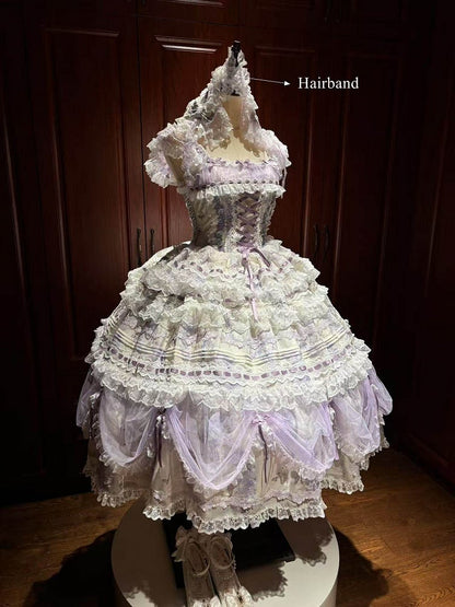 Lace White Purple Floral Hairband Top + Set Bow Skirt Embroidered Train Layered