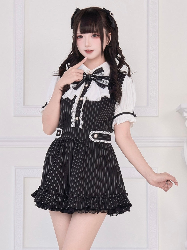 Jirai Kei Black Set: Short Sleeves Dress with Self-tie Back Straps and Shorts Striped