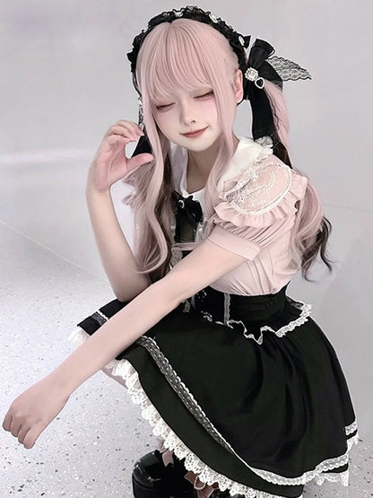 Wavy 65CM Black Air Wig Bangs Highlight Pink with