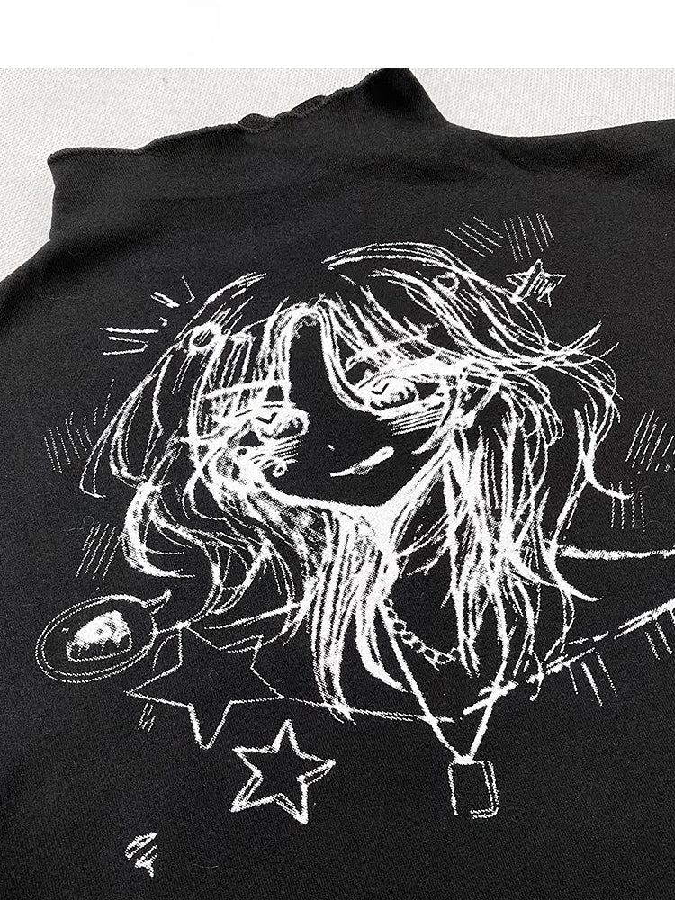 Schwarzes Top mit Stehkragen und Cartoon-Print