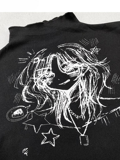 Schwarzes Top mit Stehkragen und Cartoon-Print