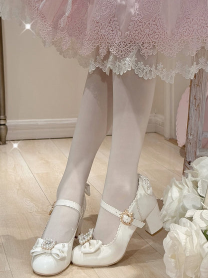 ラウンドロリータラインストーンメリートゥ装飾ディテールホワイト＆ビーズボウノットジェーンズシューズ