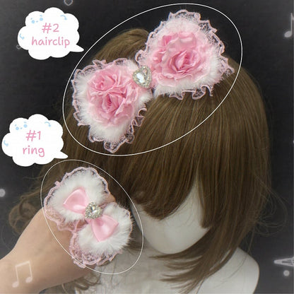 Hairclip Ring Bow Set Plush Lolita-Style White Matching