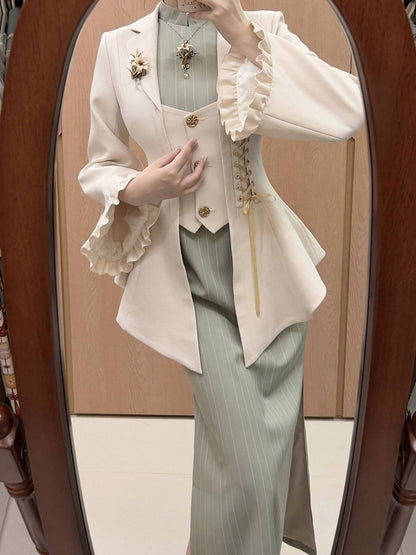 Beige Classic Blazer with Gold Buttons and Lacing