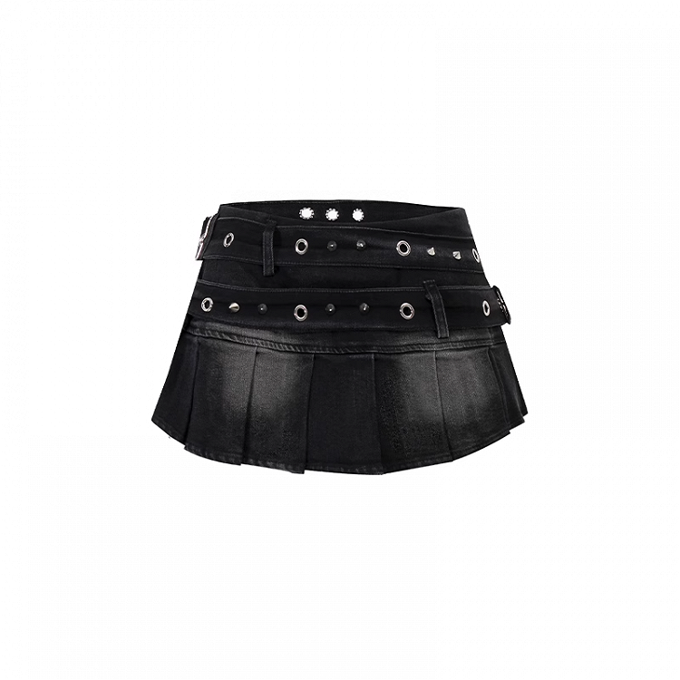ストラップミニプリーツデニムスカートウエストスタッズバックルブラックロー