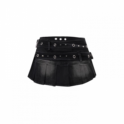 ストラップミニプリーツデニムスカートウエストスタッズバックルブラックロー