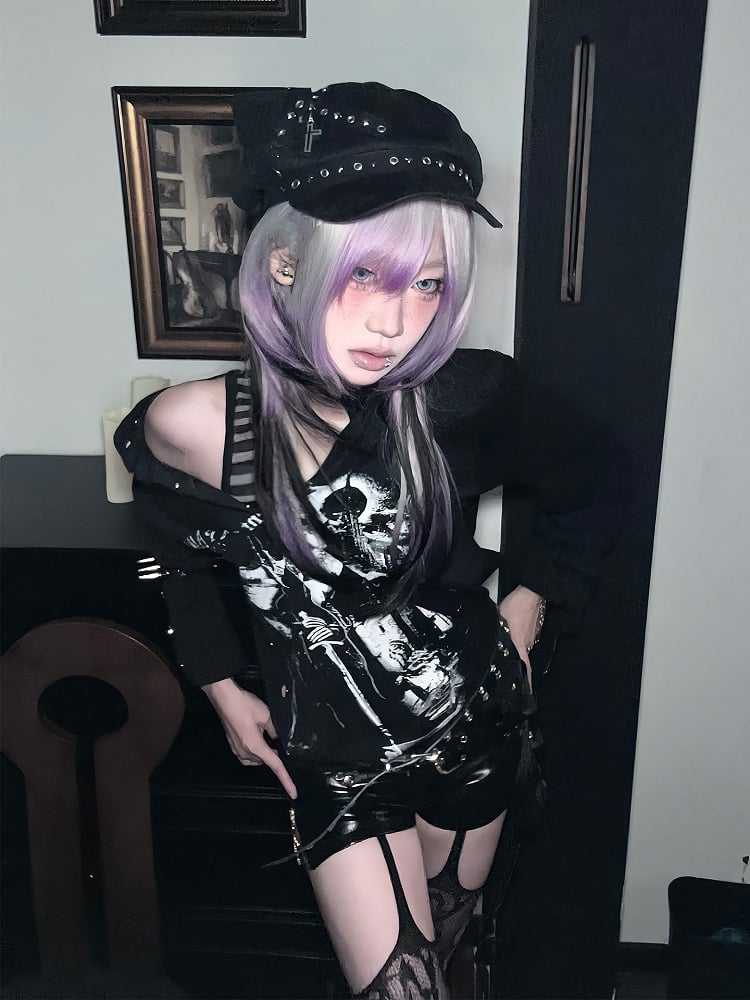 Y2K Black Silver Half-button Pattern Subculture Top Buttons with